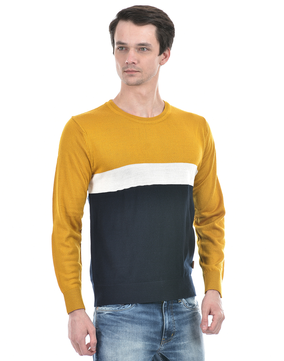 Numero Uno Men Color Block Mustard Sweater